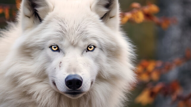 Close up of beautiful white wolf at winter in snowy forest. Portrait of arctic wolf on snowy forest