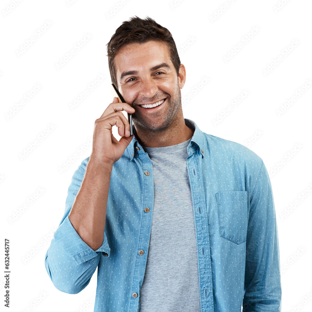 Poster portrait, phone call and man with a smile, conversation and model isolated on a transparent backgrou