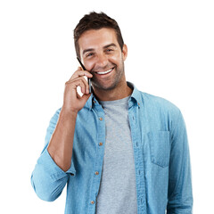 Portrait, phone call and man with a smile, conversation and model isolated on a transparent...