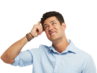 Business man, confused and thinking, memory or decision, choice and remember information. Worker or person scratch his head for problem, solution or why emoji isolated on transparent png background