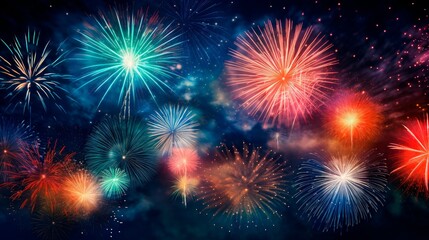 Fototapeta na wymiar Bursting fireworks against a dark night sky. A Captivating background for a grand New Year's Eve event invitation.