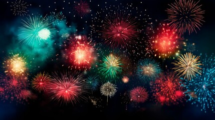 Bursting fireworks against a dark night sky. A Captivating background for a grand New Year's Eve event invitation.