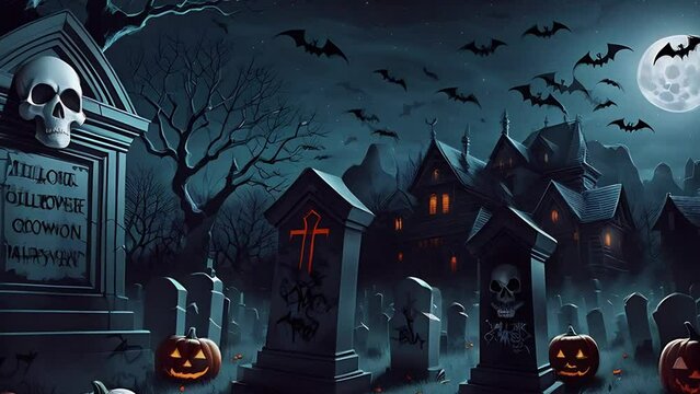 Halloween party background with scary headstone with skull on graveyard. Halloween jack-o'-lanterns, tombstones and fly bats in night sky. AI generated video for music visualization.