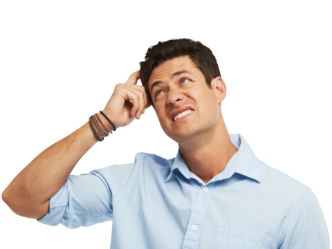 Business man, confused and thinking, memory or decision, choice and remember information. Worker or person scratch his head for problem, solution or why emoji isolated on transparent png background