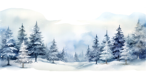 Fototapeta na wymiar Blue watercolor illustration of winter wonderland forest with trees and snow, ai generated