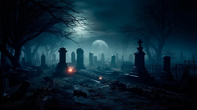 Eerie fog creeping over a moonlit graveyard, setting the stage for a haunting Halloween concept.