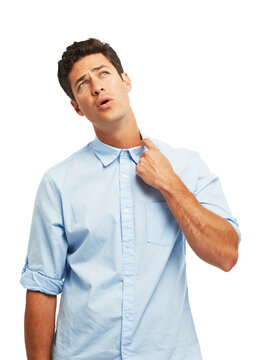 Collar, nervous and a man sweating or hot with anxiety, panic attack or stress and burnout. Business person with a shirt isolated on a transparent, png background with heat, pressure or uncomfortable