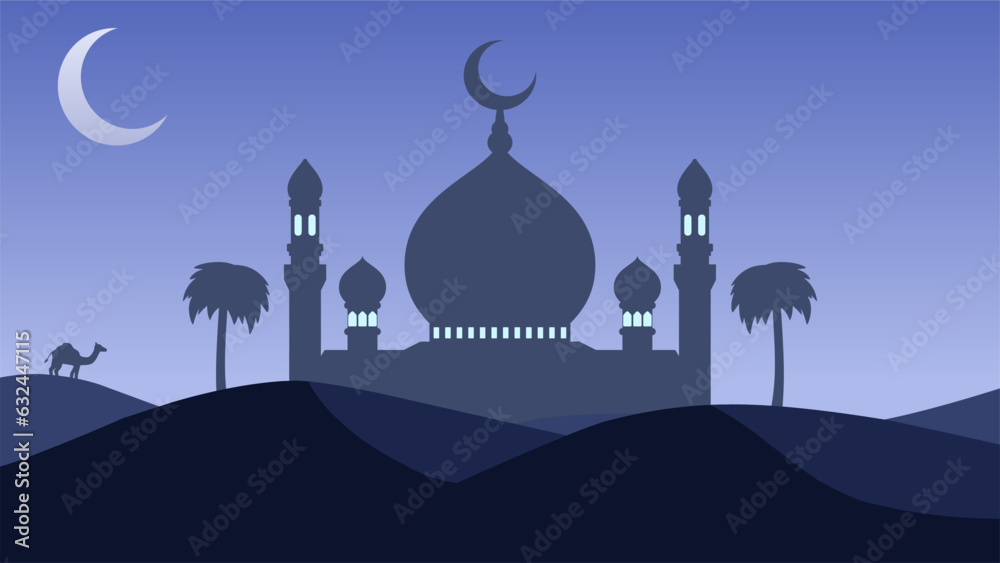 Wall mural islamic landscape vector illustration. mosque silhouette in the desert with crescent moon. backgroun