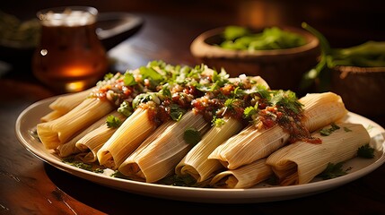 a rustic wooden table is adorned with a delightful spread of tamales. The tamales are steaming hot