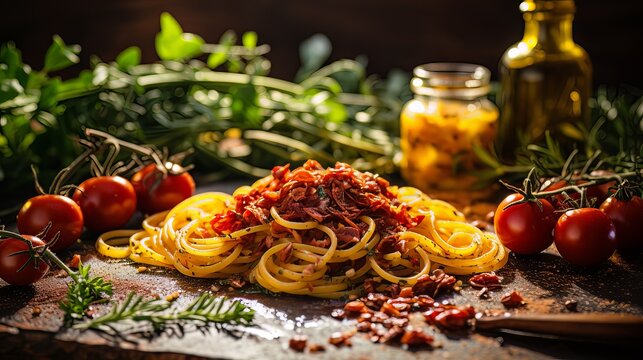 Ingredients For Cooking Italian Food, Pasta With Sun Dried Tomatoes