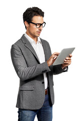 Fototapeta Business man, tablet and typing online for communication, search or chat. Male person isolated on a transparent, png background with technology for internet connection, social media or network obraz