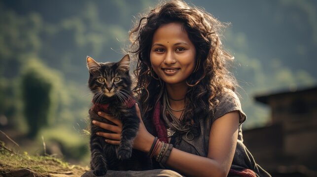 Nepalese with cat.. she's take a photo with domatice cat. urban and mountain background