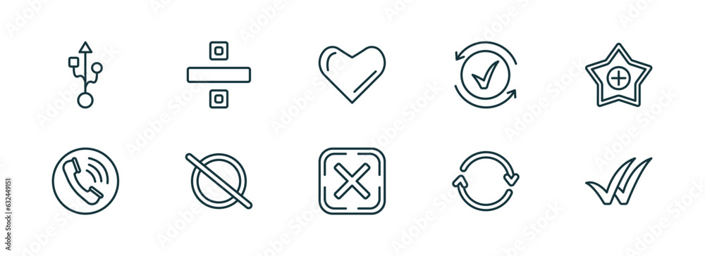 Wall mural set of 10 linear icons from user interface concept. outline icons such as usb port, division, minima