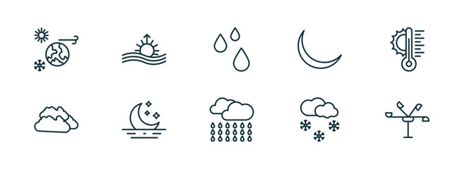 set of 10 linear icons from weather concept. outline icons such as climate, aurora, drops, rainfall, snowing, anemometer vector - obrazy, fototapety, plakaty
