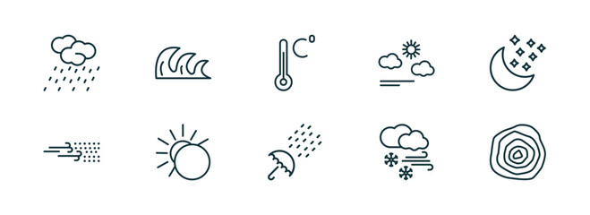 set of 10 linear icons from weather concept. outline icons such as steady rain, tsunami, celsius, sprinkle weather, snow storms, isobars vector - obrazy, fototapety, plakaty