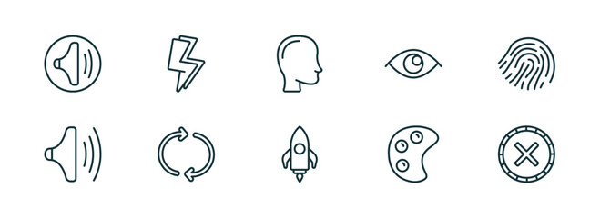 set of 10 linear icons from user interface concept. outline icons such as medium volume, lightining, head, rocket launch, paint, wrong vector