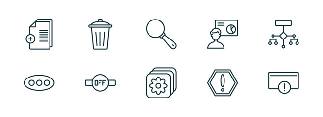 set of 10 linear icons from user interface concept. outline icons such as new file, eliminar, look, pic, exclamation button, error page vector