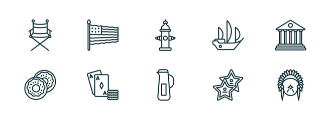 set of 10 linear icons from united states of america concept. outline icons such as director chair, flag day, fire hydrant, baste, walk of fame, american native vector