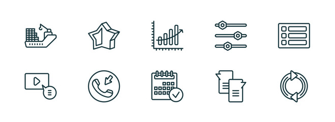 set of 10 linear icons from ultimate glyphicons concept. outline icons such as cargo boat, half star full, upload arrow with bar, calendar checked, message ballon, refresh curve arrows vector