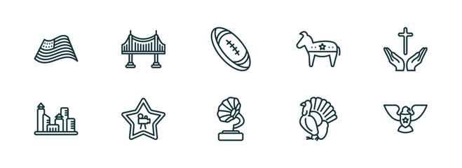 set of 10 linear icons from united states of america concept. outline icons such as patriotic, golden gate, rugby, gramophone, thanksgiving peacock, eagle vector