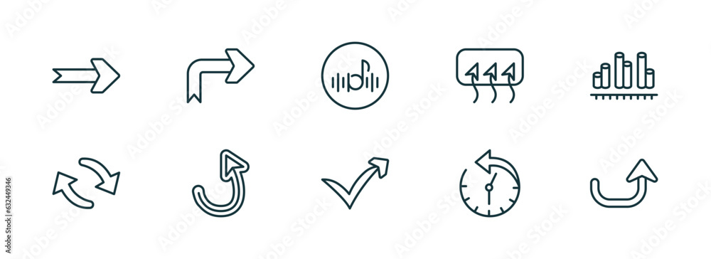 Poster set of 10 linear icons from user interface collection. concept. outline icons such as curved right a