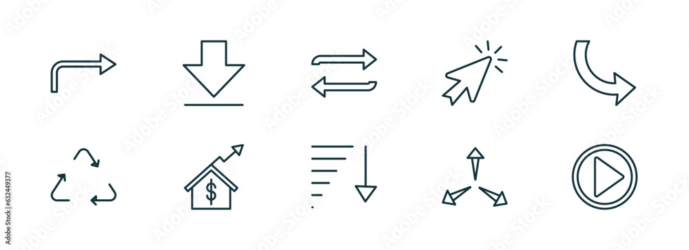 Poster set of 10 linear icons from user interface concept. outline icons such as turn right arrow, big down