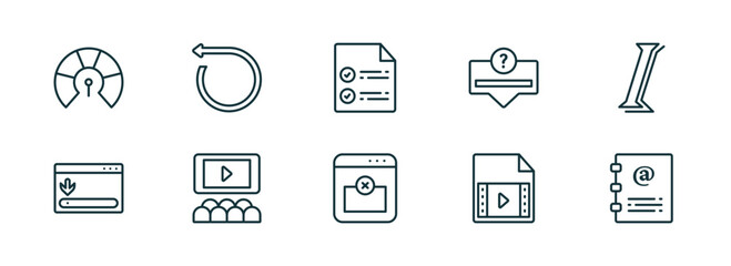 set of 10 linear icons from user interface concept. outline icons such as indicators, rotate left, confirmity, remove right frame, video file, contact notebook vector