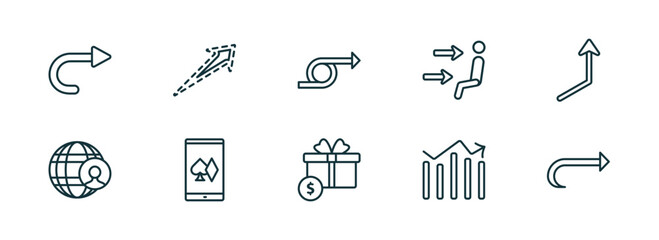 set of 10 linear icons from user interface concept. outline icons such as right curve, dotted up arrow, right loop arrow, incentive, vertical data bars, rotate arrow vector