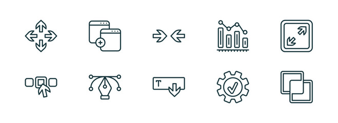 set of 10 linear icons from user interface concept. outline icons such as move arrows, new page, opposition, text out, right tings, intersect vector