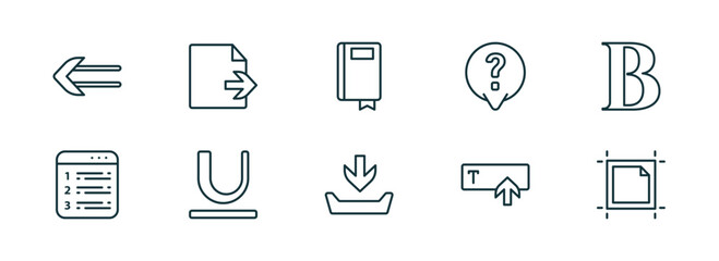 set of 10 linear icons from user interface concept. outline icons such as slim left, export archive, ribbon from a book, file inbox, text in, artboard vector