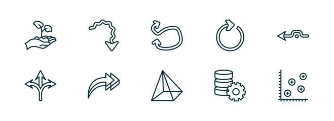 set of 10 linear icons from user interface concept. outline icons such as hand and sprout, squiggly arrow, swirly scribbled arrow, triangular pyramid, data analytics tings, spotted data vector