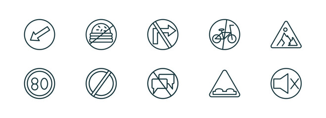 set of 10 linear icons from traffic signs concept. outline icons such as keep left, no fast food, no turn right, no chatting, humps, sound vector