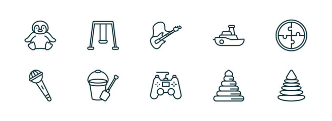 set of 10 linear icons from toys concept. outline icons such as penguin toy, swing toy, guitar toy, gamepad circle pyramid vector