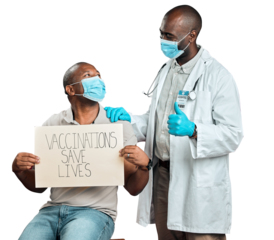 Patient, doctor and poster for covid vaccine and thumbs up for vote, trust and sign on transparent, isolated or png background. African, healthcare and people in face mask to promote vaccination