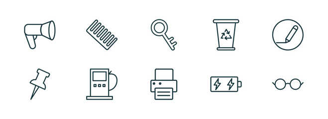 set of 10 linear icons from tools and utensils concept. outline icons such as megaphone side view, combs, tiny key, print button, battery charging, reading glasses vector