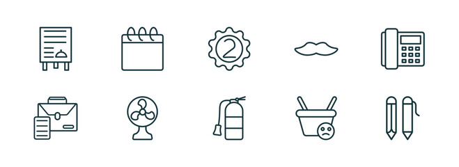 set of 10 linear icons from tools and utensils concept. outline icons such as daily specials board, calendar page, second, flame extinguisher, empty shopping basket, writing tool vector