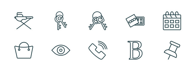 set of 10 linear icons from tools and utensils concept. outline icons such as iron table, key ring, key ring with two keys, ringing, bold, school push pin vector