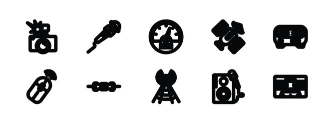 set of 10 linear icons from technology concept. outline icons such as photo camera flash, mic with long cable, vehicle speedometer, media, entertainer, caste tape vector