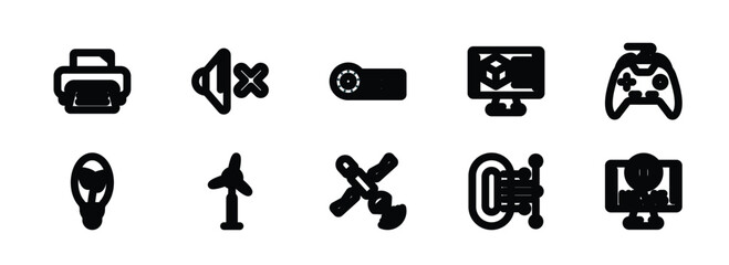 set of 10 linear icons from technology concept. outline icons such as printer tool, no audio, horizontal film strip, satellite transmission, zero, world news vector