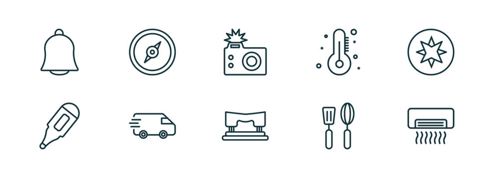 set of 10 linear icons from tools and utensils concept. outline icons such as hanging bell, cardinal, camera with flash, hole puncher, kitchen tools, air conditioning vector