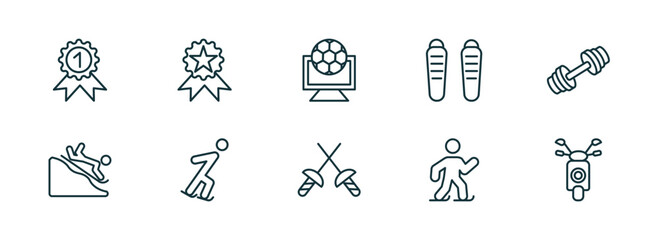 Fototapeta premium set of 10 linear icons from sports concept. outline icons such as golden medal, awards, football channel, medieval fencing, ice skating man, motor sports vector