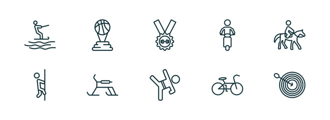 set of 10 linear icons from sports concept. outline icons such as jet surfing, basketball champion, weight lifting medal, wushu, race bike, dartboard with dart vector