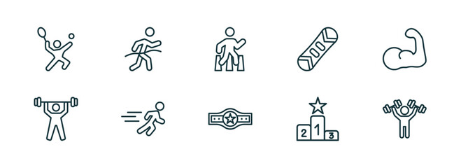 set of 10 linear icons from sports concept. outline icons such as man playing tennis, marathon champion, pedestrian walking, boxer with belt, podium, man lifting weight vector