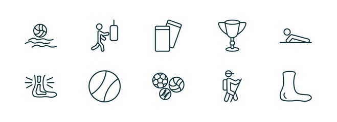 set of 10 linear icons from sports concept. outline icons such as waterpolo, man punching, amonestation, balls, trekking, ankle vector