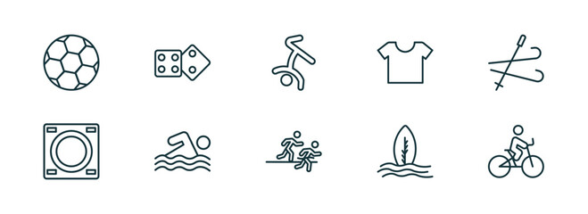 set of 10 linear icons from sports concept. outline icons such as soccer ball, board gaming, breakdancing dancer, running a race, surf, bicycle rider vector