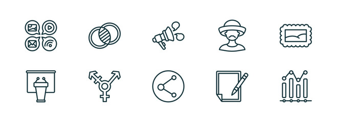 set of 10 linear icons from social media marketing concept. outline icons such as options, overlap, announcement, photo share, suggestion, trending vector