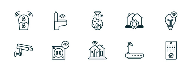 set of 10 linear icons from smart home concept. outline icons such as smart key, smart toilet, fire alarm, home devices, home console vector