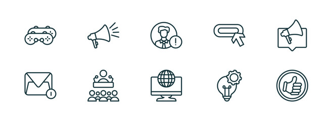 set of 10 linear icons from social media marketing concept. outline icons such as recreational, ads, user warning, digital marketing, development, quit a social like vector