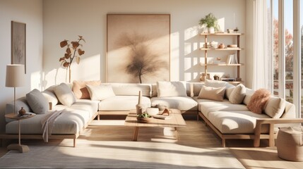 Interior design of cozy living room with stylish sofa, coffee table, flowers in imitation vases, posters, decorative carpets, plaid pillows and personal accessories in modern home decor templates.