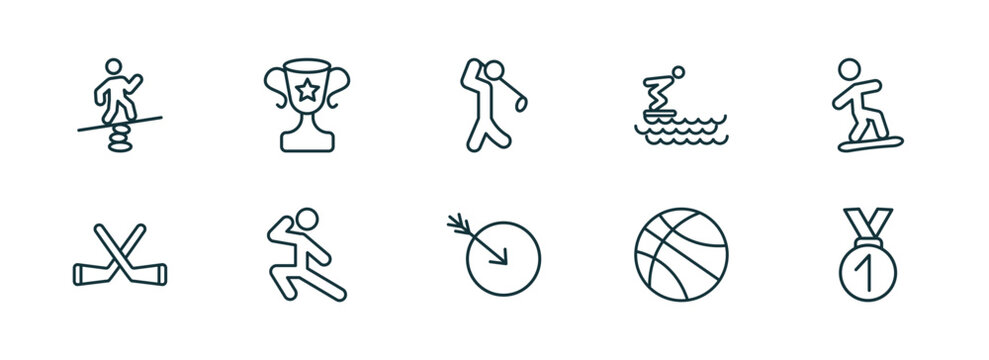 set of 10 linear icons from sports concept. outline icons such as man balancing, sport trophy, golf player, ball arrow, basketball, medal with number 1 vector